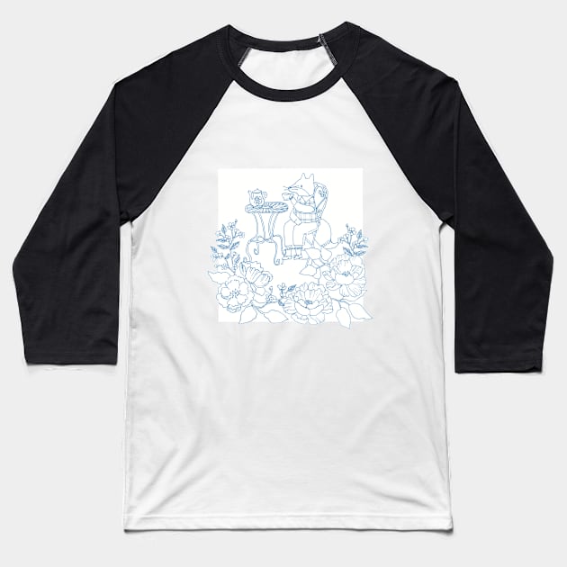 Fox Enjoying Tea Time in a Flower Garden Baseball T-Shirt by Cati Daehnhardt